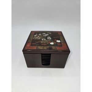 Vintage Japanese Lacquer Coaster Set Floral Gold Design With Storage Box